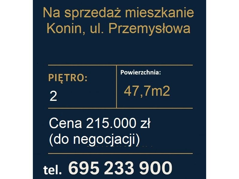 Na sprzedaż: 2-pokojowe mieszkanie 47,7 m² – Konin, ul. Przemysłowa Na sprzedaż: 2-pokojowe mieszkanie 47,7 m² – Konin, ul. Przemysłowa