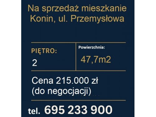 Na sprzedaż: 2-pokojowe mieszkanie 47,7 m² – Konin, ul. Przemysłowa