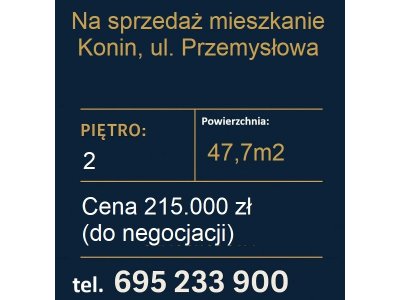 Na sprzedaż: 2-pokojowe mieszkanie 47,7 m² – Konin, ul. Przemysłowa