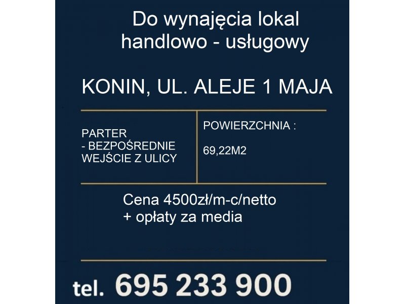 Do wynajęcia lokal handlowo-usługowy – 69,22 m² – Konin, Aleje 1 Maja – parter, świetna lokalizacja Do wynajęcia lokal handlowo-usługowy – 69,22 m² – Konin, Aleje 1 Maja – parter, świetna lokalizacja