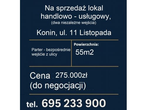 Na sprzedaż lokal handlowo-usługowy – 55 m² – Konin, ul. 11 Listopada – parter