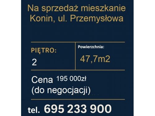 Na sprzedaż: 2-pokojowe mieszkanie 47,7 m² – Konin, ul. Przemysłowa