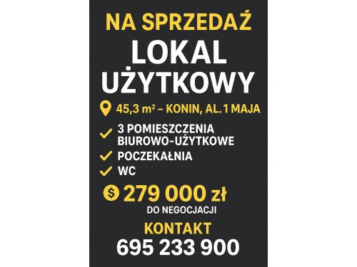 Na sprzedaż lokal użytkowy/mieszkalny – 45,3 m² – Konin, Al. 1 Maja
