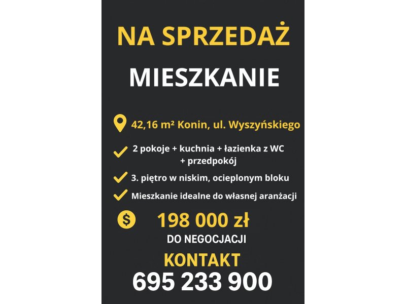 Mieszkanie 2 pokoje – Konin, ul. Wyszyńskiego – 42,16 m² – 3. piętro – do własnej aranżacji