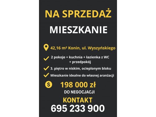 Mieszkanie 2 pokoje – Konin, ul. Wyszyńskiego – 42,16 m² – 3. piętro – do własnej aranżacji