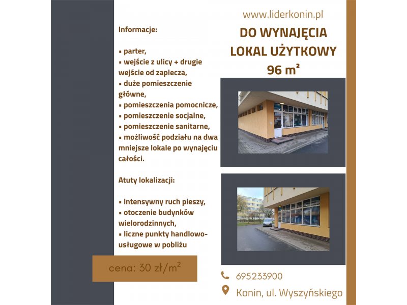 Konin – ul. Wyszyńskiego 26 | Lokal użytkowy 96 m² | Parter | Wejście z ulicy | Możliwość podziału