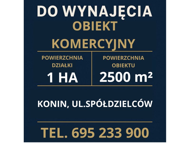 Konin – ul. Spółdzielców | Obiekt komercyjny 2 500 m² | 1 ha działki | Teren TAG | Możliwość rozbudowy
