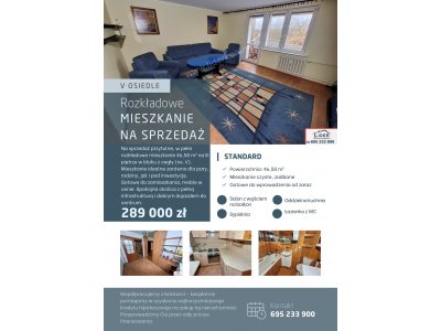 Na sprzedaż 2-pokojowe mieszkanie – 46,58 m² – III piętro – Os. V, Konin