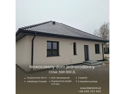 Nowy dom 95 m² | 4,75 ara | Stan deweloperski | Posada | 599 000 zł