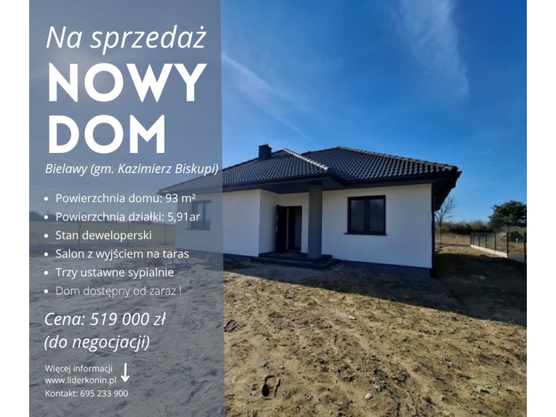 Nowy dom 93 m² w stanie deweloperskim – Bielawy, 5 km od Konina