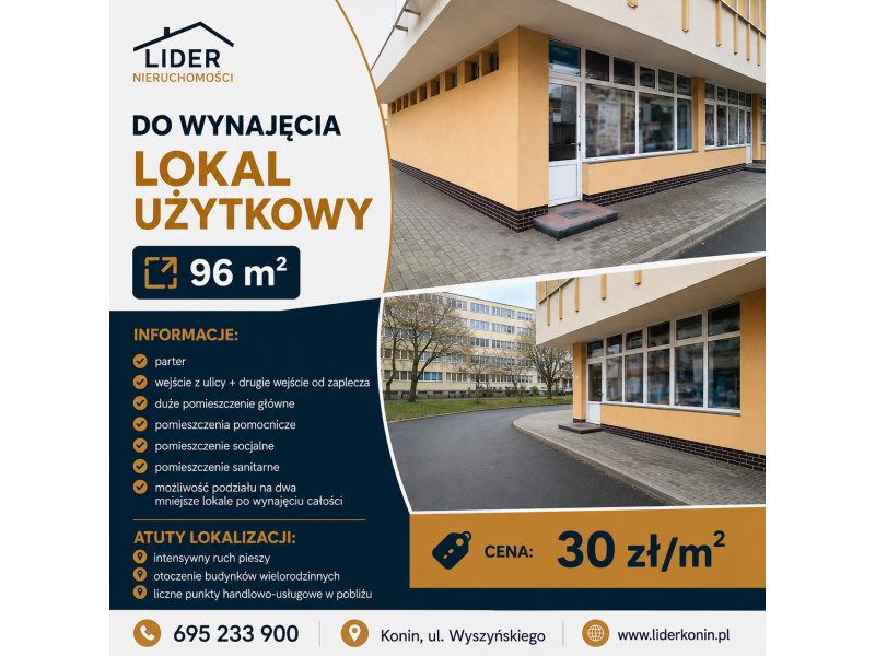Konin – ul. Wyszyńskiego 26 | Lokal użytkowy 96 m² | Parter | Wejście z ulicy | Możliwość podziału