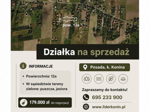 Sprzedam działkę budowlaną 12 arów – Posada, k. Konina