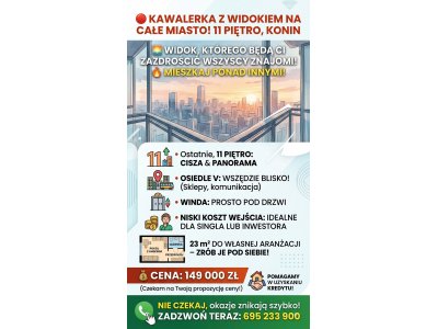 MIESZKANIE 23 m² | 11 PIĘTRO | PANORAMICZNY WIDOK | KONIN – OSIEDLE V