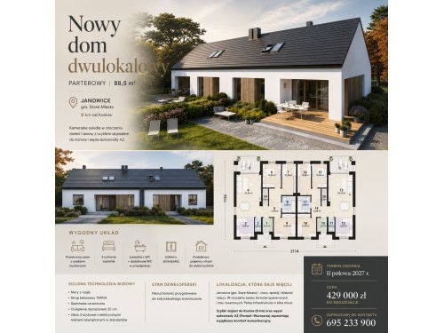 Nowy dom dwulokalowy 88,5 m² (parterowy) | 8 km od Konina | Stan deweloperski