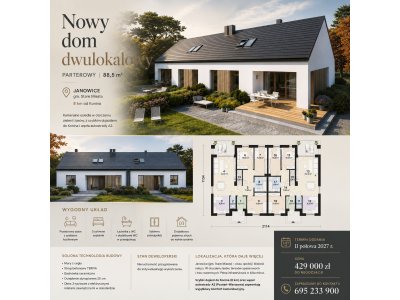 Nowy dom dwulokalowy 88,5 m² (parterowy) | 8 km od Konina | Stan deweloperski