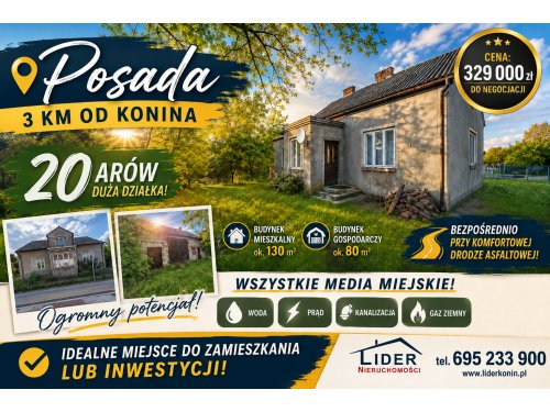 Duża działka 20 arów z domem i budynkiem gospodarczym | Posada, 3 km od Konina | Wszystkie media!