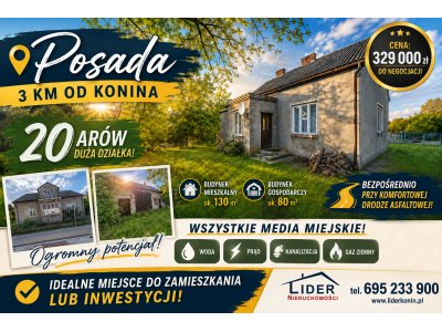 Duża działka 20 arów z domem i budynkiem gospodarczym | Posada, 3 km od Konina | Wszystkie media!