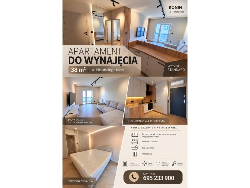Apartament 38 m² | Konin, ul. Piłsudskiego | Wysoki standard | Balkon